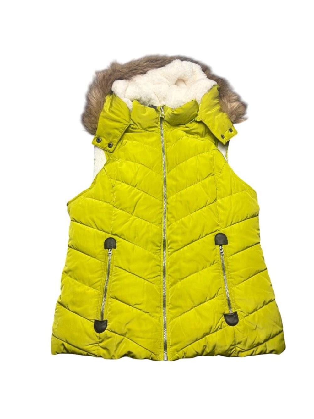 Green Tea Size M Sherpa Lined Quilted Puffer Vest Fur Hood Avocado Green Cozy